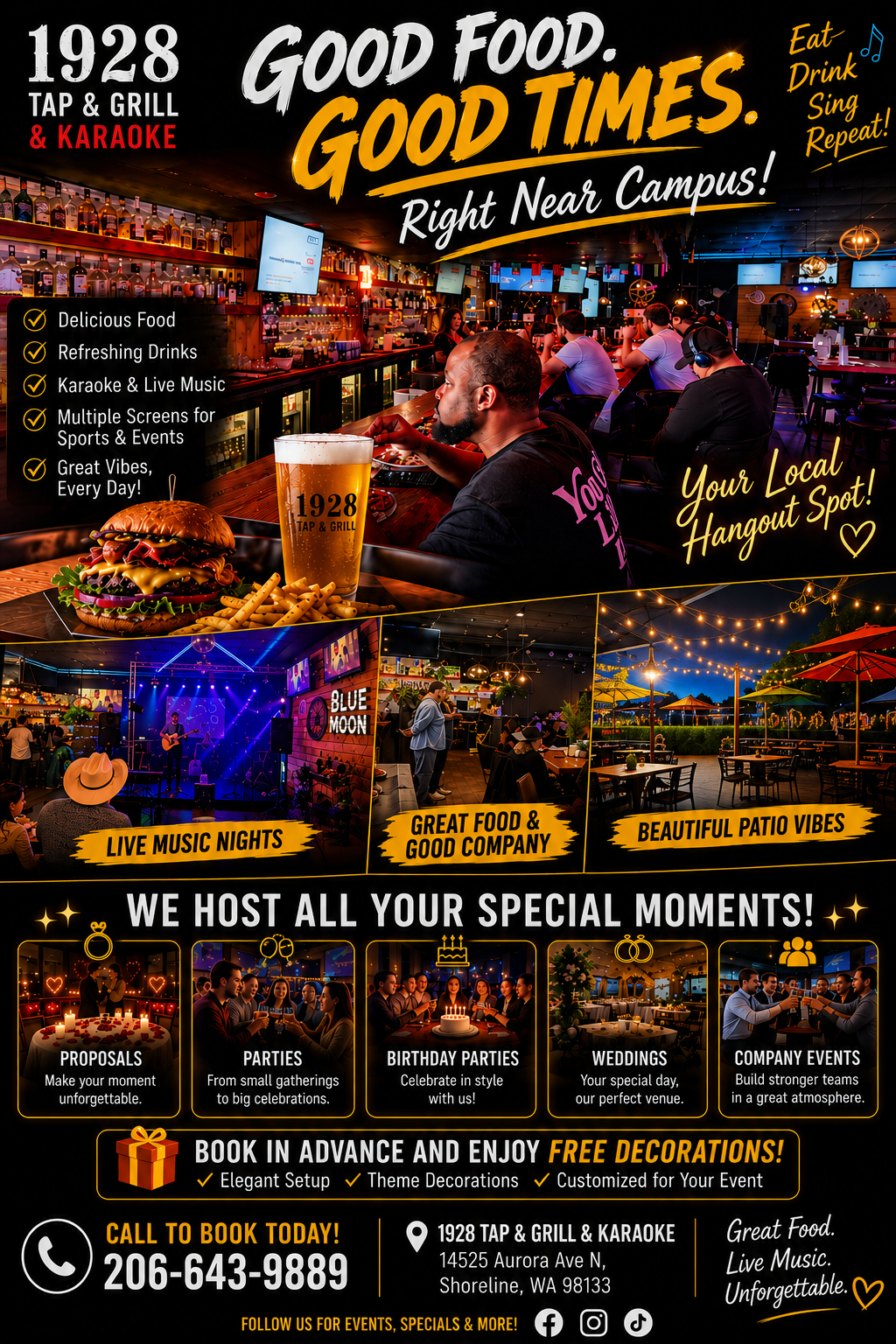 We host weddings, birthdays, parties, and corporate team-building events.